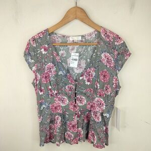 Chance Floral Peplum Top Womens Medium Button Front Rayon Boho Cottagecore